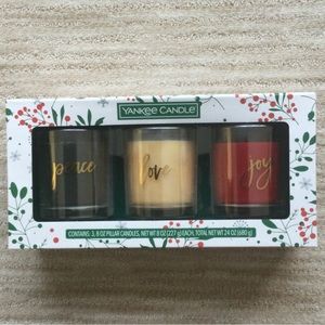 Trio of Yankee Candle Holiday Set of 3 Peace Love Joy 8 oz Pillar Candles